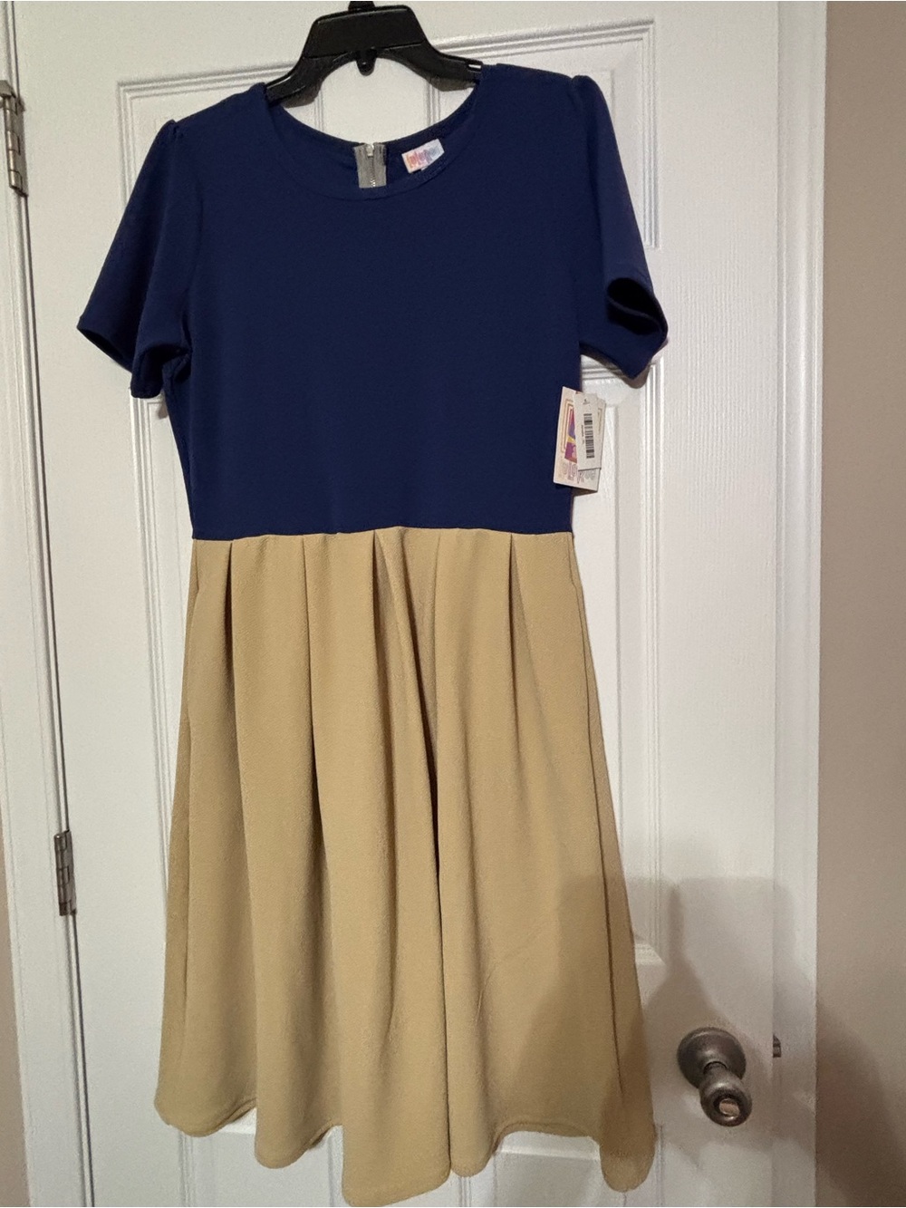 LuLaRoe Navy and Khaki Fit-and-Flare Short Sleeve Dress